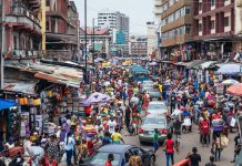 African city market streets (Balogun). Lagos, Nigeria, West Africa