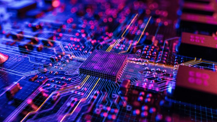 Neon Theme Visualization of Circuit Board CPU Processor Starting Digitalization Process and Information Computing, Processing a Lot of Data. Computer Graphics, Special Visual Effects, Image.